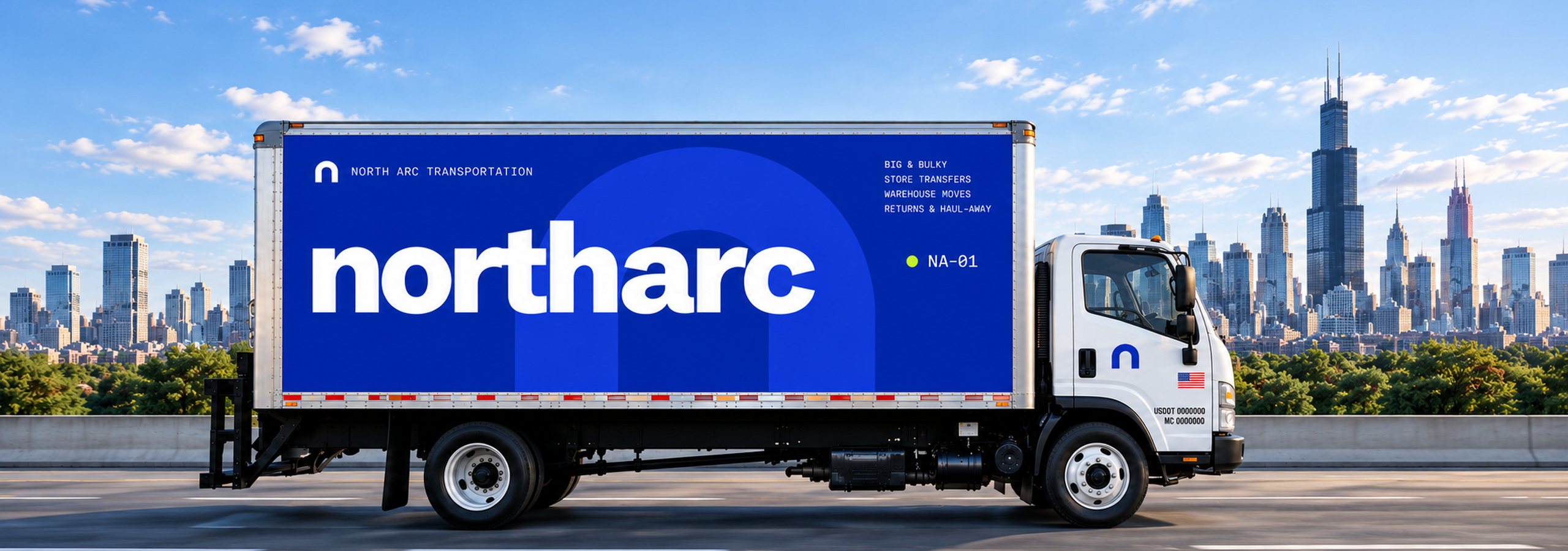 northarc box truck NA-01 in ultramarine livery on a Chicago expressway with the skyline behind
